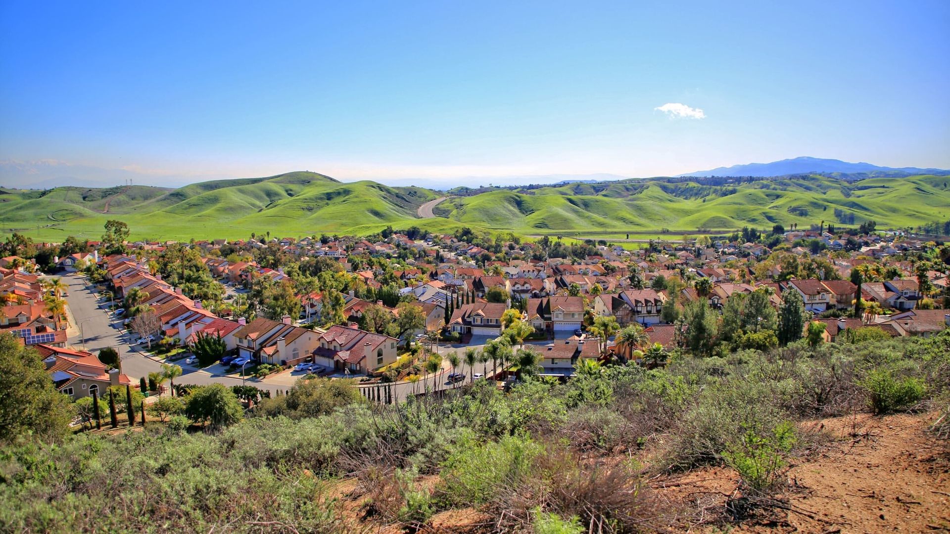 Diamond Bar residential neighborhood below the green hills