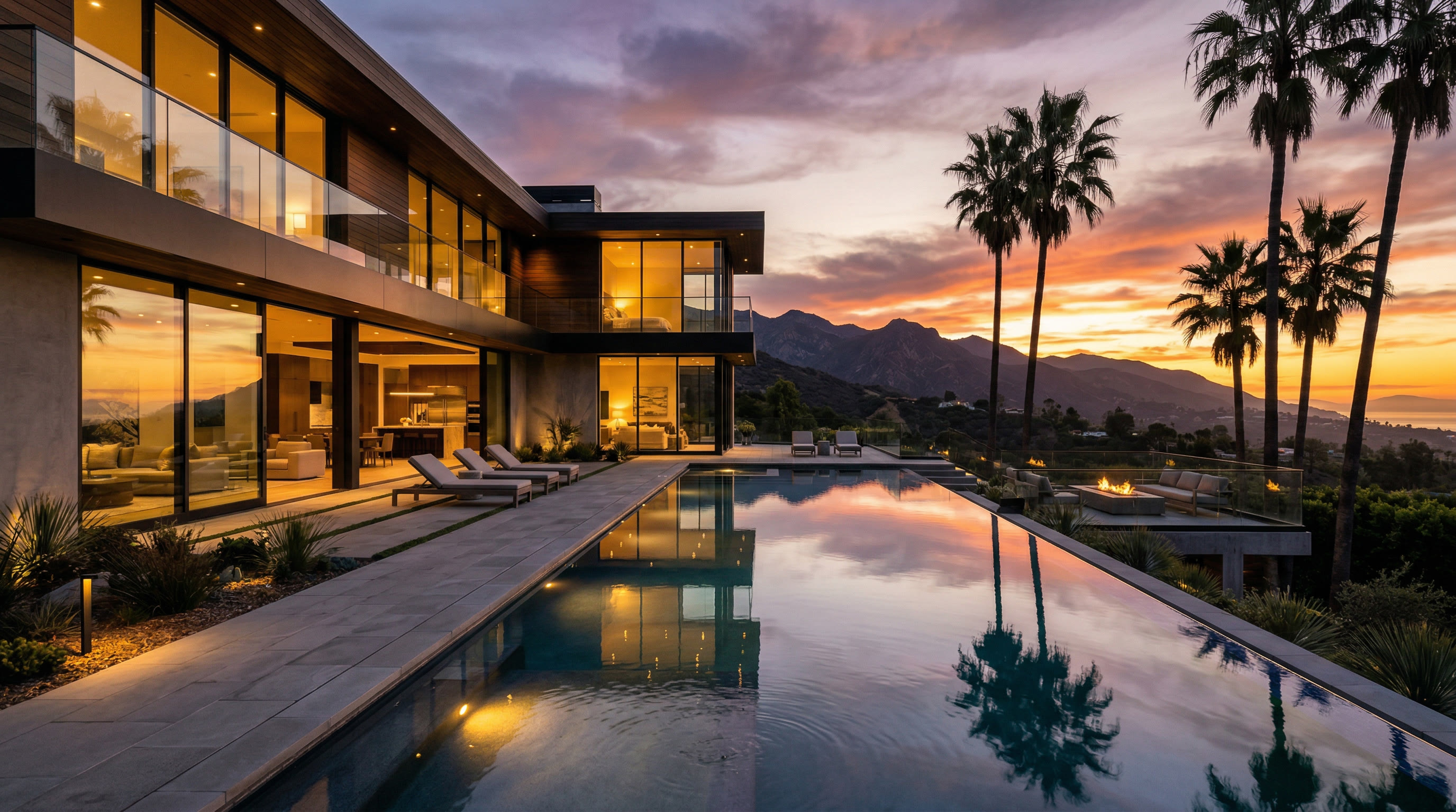 Luxury Southern California home with pool at sunset