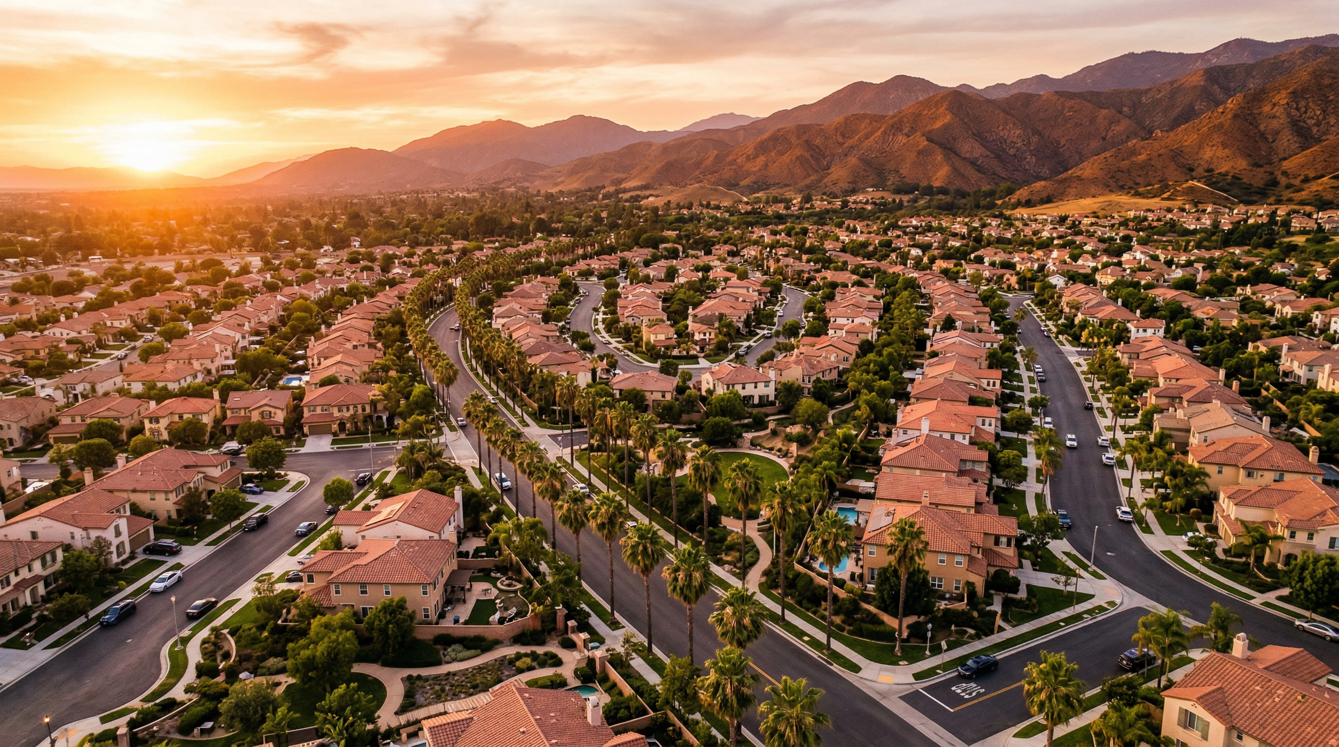 Southern California neighborhood at sunset